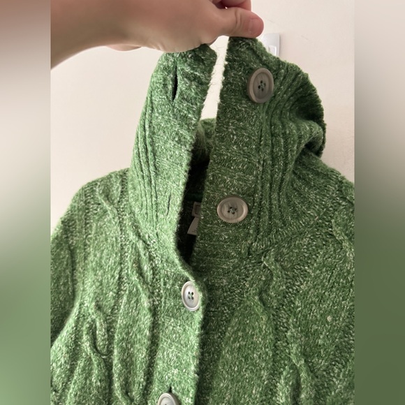 LL Bean Sweater Green Cardigan Cable Knit Chunky Button Turtleneck Wool - Picture 3 of 6